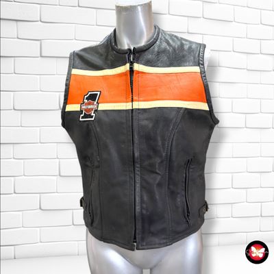 Chaleco de piel inspiración Harley-Davidson · customizado  color Negro, crema y naranja Talla XS