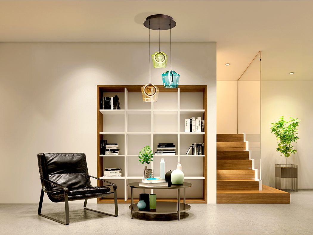 INGRID Pendelleuchte 3 x 6W LED, 3000K, 483lm, Schwarz / Glas Champagne, Grün und Blau