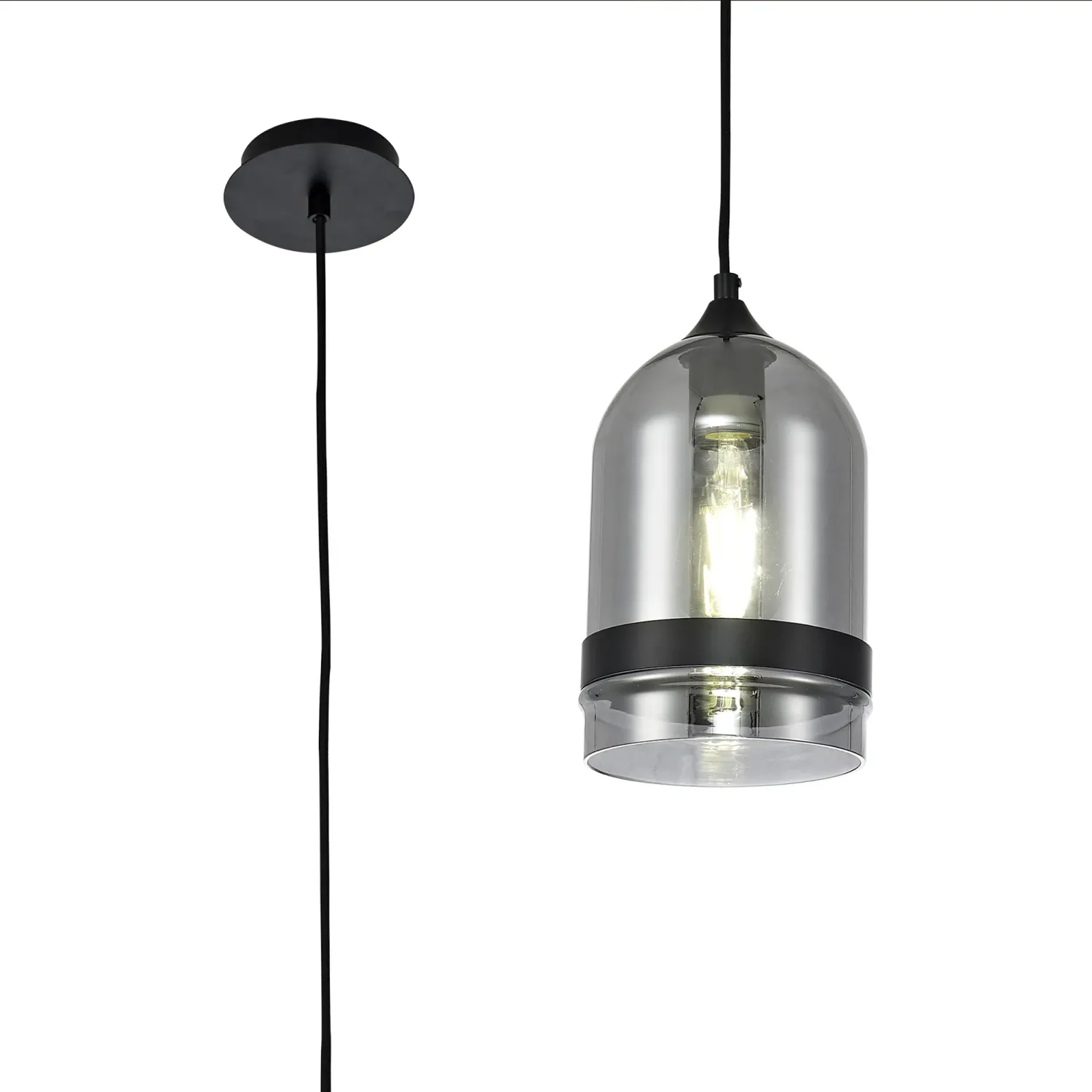 ACH 15cm Kuppel Pendelleuchte, 1 x E27, Schwarz matt, Rauchfarbenes Glas
