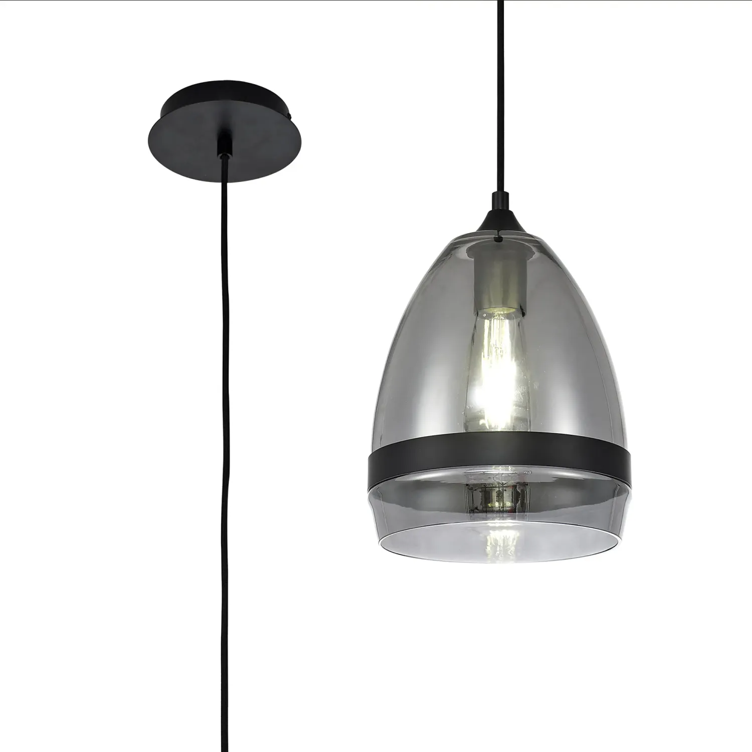 ACH 20cm Kegel Pendelleuchte , 1 x E27, Schwarz matt, Rauchfarbenes Glas