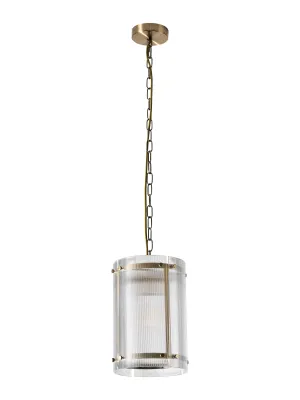 FLOING 20.5cm Pendelleuchte, 1 x E27, Messing Antik / Schmal geripptes klares (B) Glas