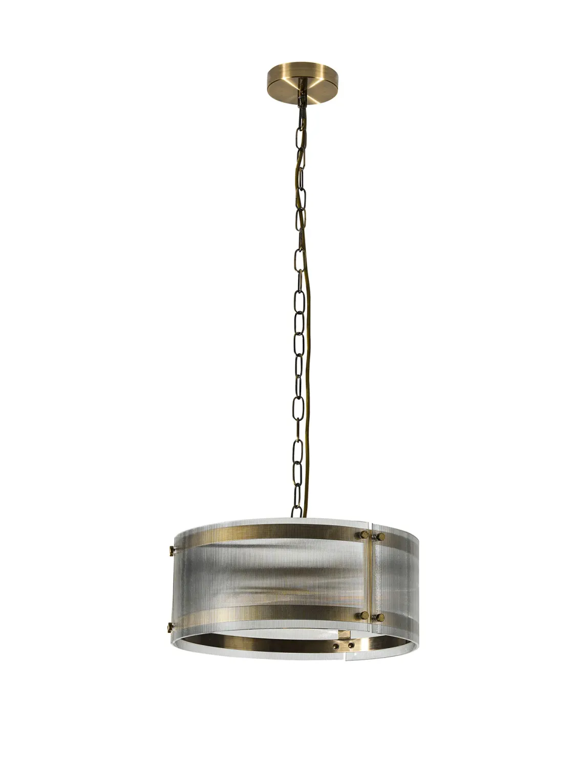 FLOING 35cm Pendelleuchte, 2 x E27, Messing Antik / Schmal geripptes klares (B) Glas