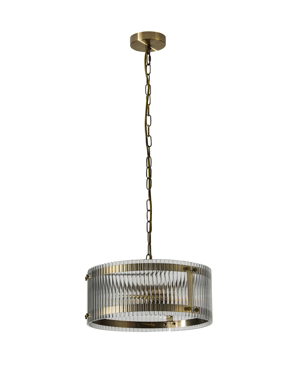FLOING 35cm Pendelleuchte, 2 x E27, Messing Antik / Breit geripptes, klares (C) Glas