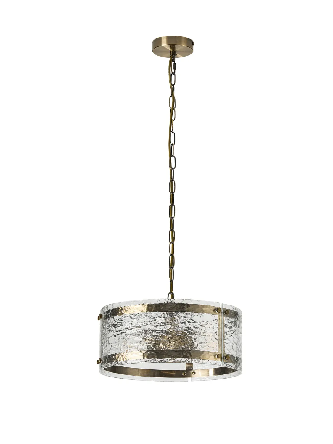 FLOING 35cm Pendelleuchte, 2 x E27, Messing Antik / Ornamentiertes klares (D) Glas