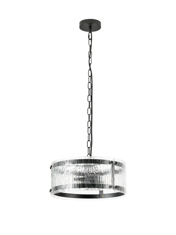FLOING 35cm Pendelleuchte, 2 x E27, Schwarz matt / Geriffeltes klares (F) Glas