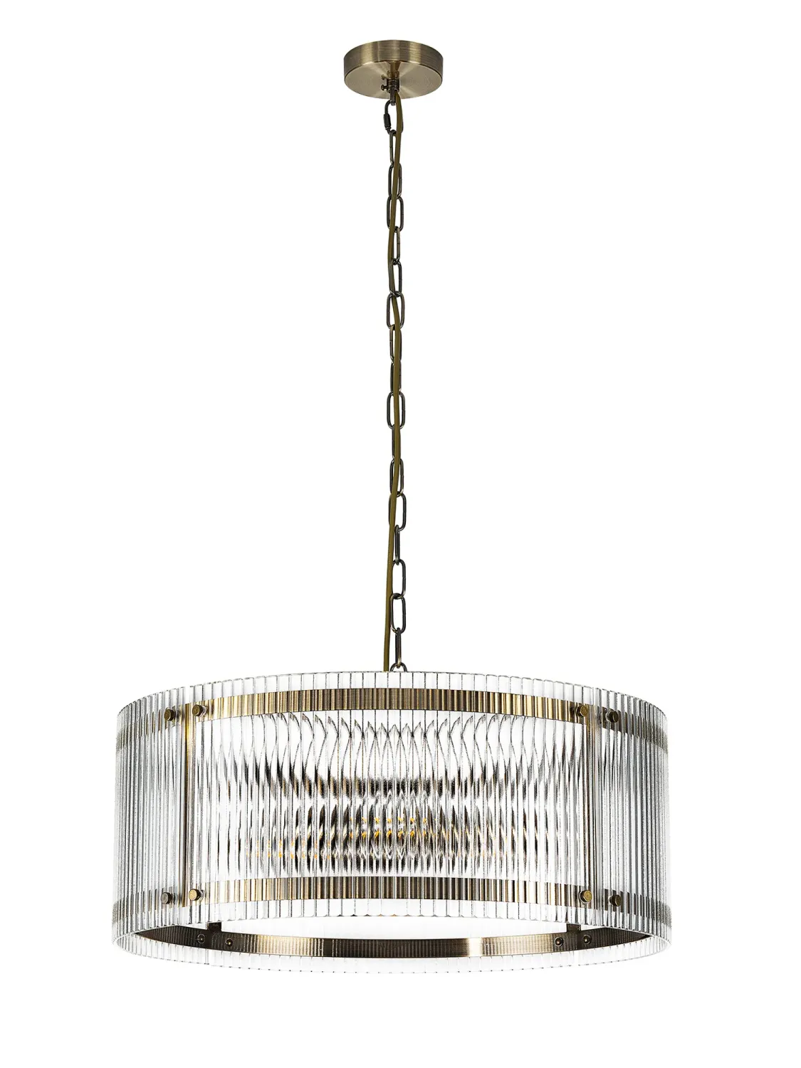 FLOING 56.5cm Pendelleuchte, 4 x E27, Messing Antik / Breit geripptes, klares (C) Glas