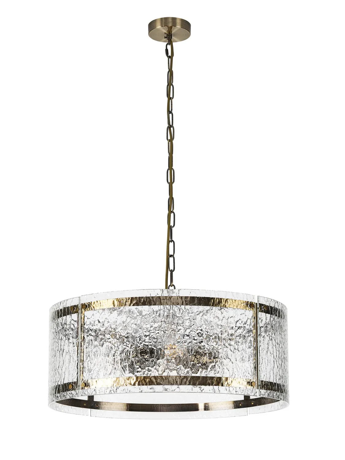FLOING 56.5cm Pendelleuchte, 4 x E27, Messing Antik / Ornamentiertes klares (D) Glas