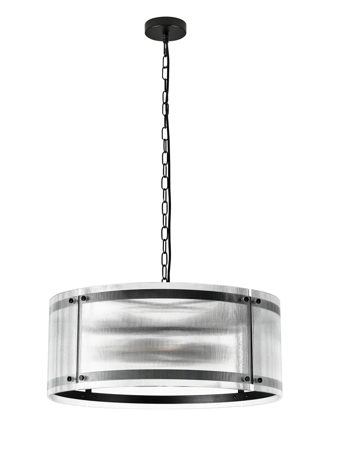 FLOING 56.5cm Pendelleuchte, 4 x E27, Schwarz matt / Schmal geripptes klares (B) Glas