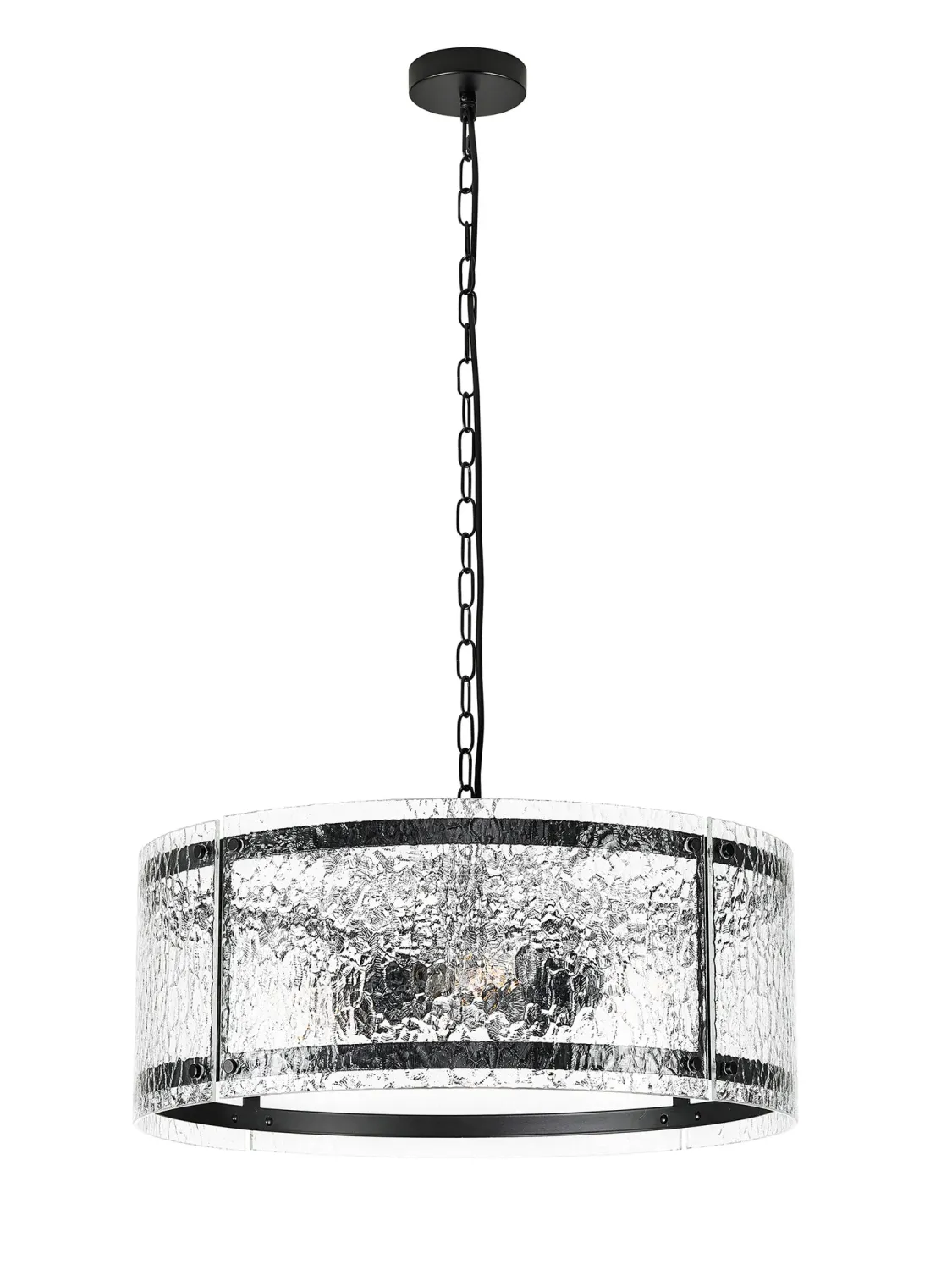 FLOING 56.5cm Pendelleuchte, 4 x E27, Schwarz matt / Ornamentiertes klares (D) Glas