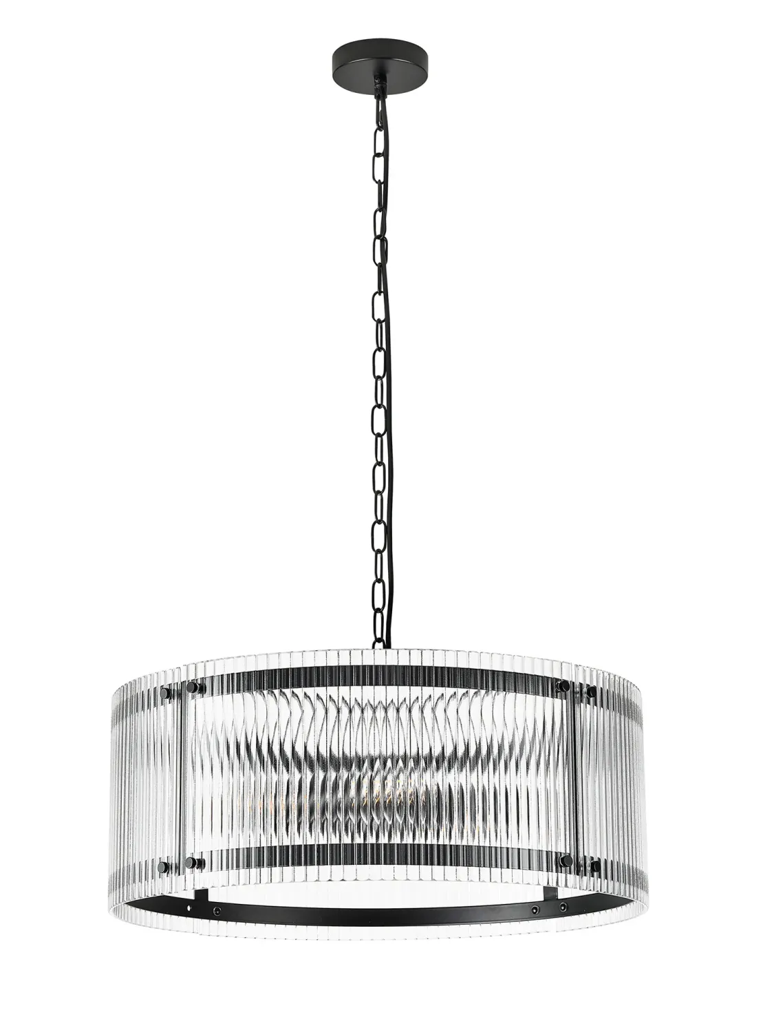 FLOING 56.5cm Pendelleuchte, 4 x E27, Schwarz matt / Breit geripptes, klares (C) Glas