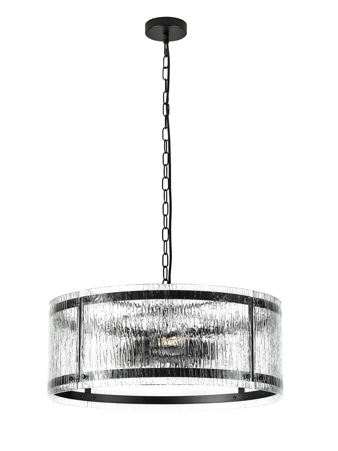 FLOING 56.5cm Pendelleuchte, 4 x E27, Schwarz matt / Geriffeltes klares (F) Glas