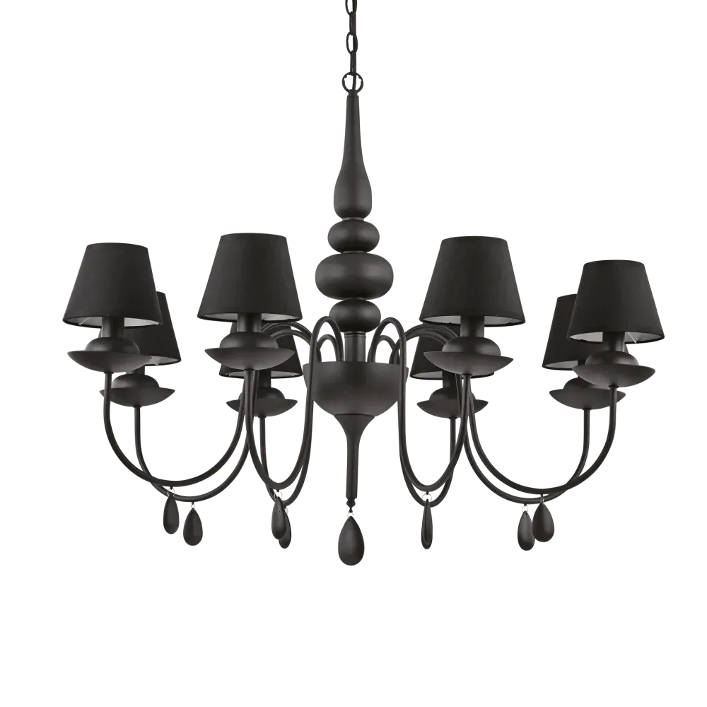 BLANCHE Pendelleuchte 8 x  E14 Satinschwarz mit Schwarzen Lampenschirmen
