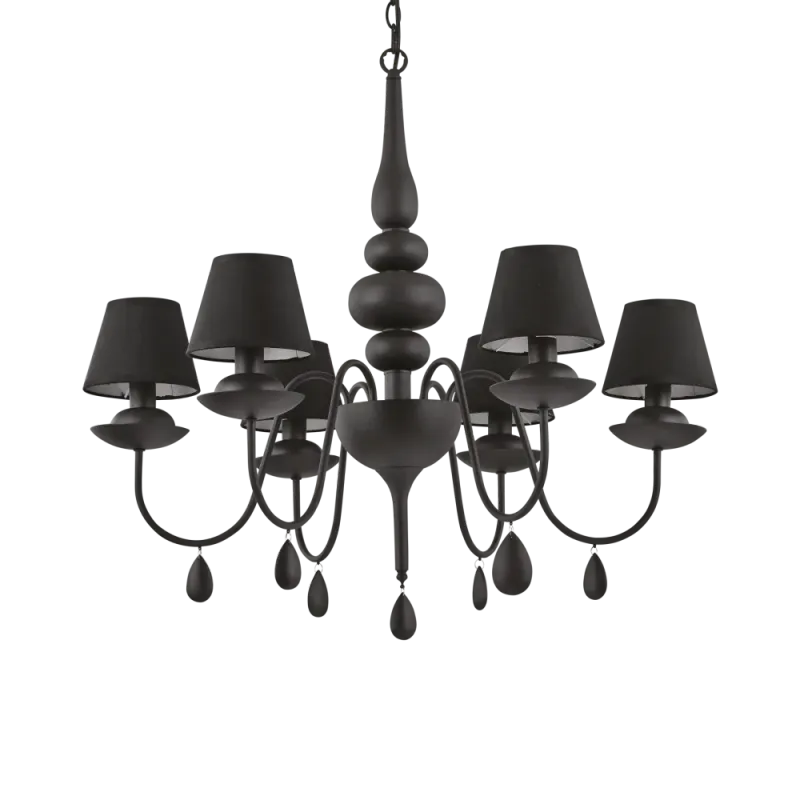 BLANCHE Pendelleuchte 6 x  E14 Satinschwarz mit Schwarzen Lampenschirmen