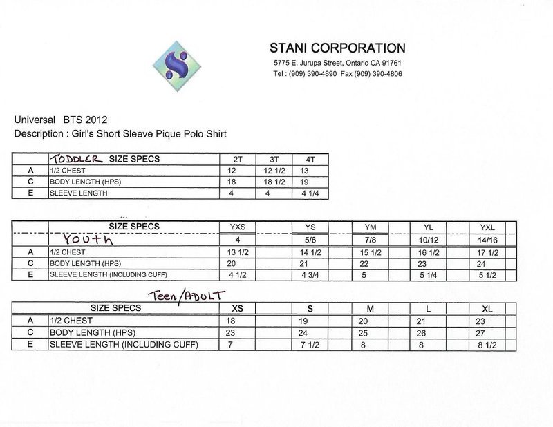 (Z) SIZE CHART U543 Girls Pique Polo