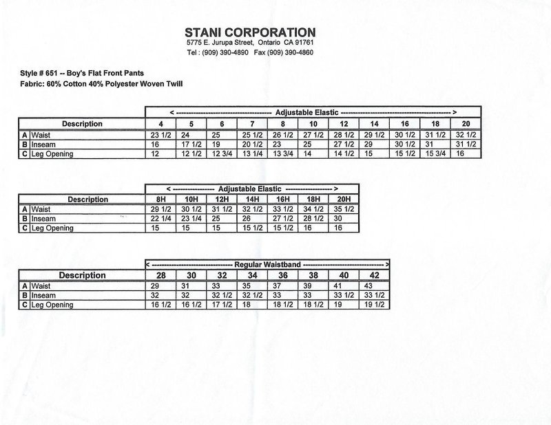 (Z) SIZE CHART U651 Boys Flat Front Pant