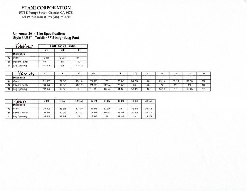 (Z) SIZE CHART U637  Girls Straight Let Pant