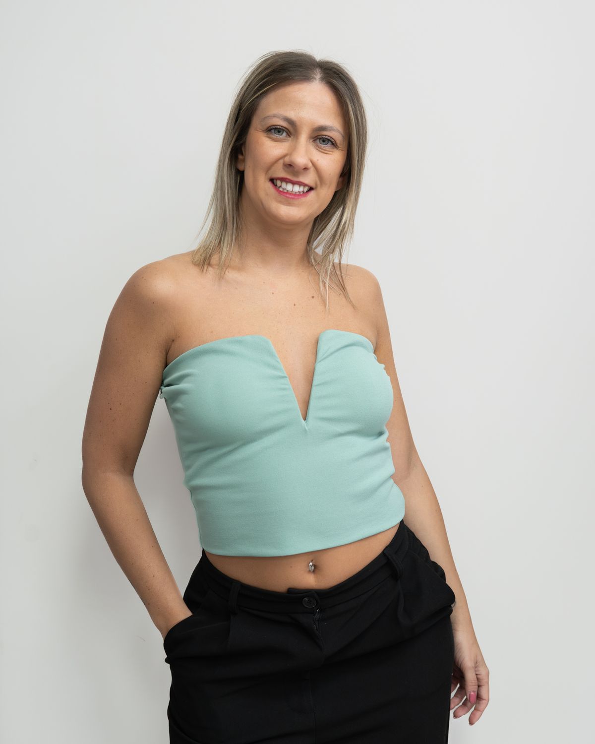 Top Susy Mix verde acqua scollo a V