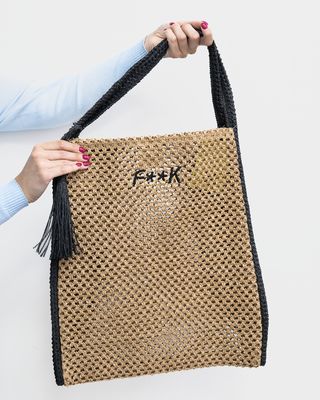 Borsa Fk in raffia beige e nero