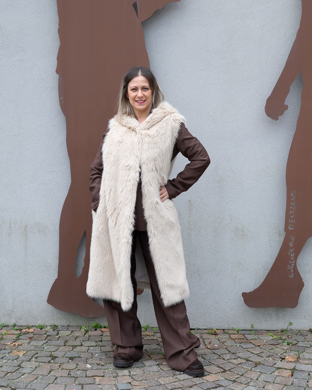 Gilet lungo Vicolo con cappuccio beige