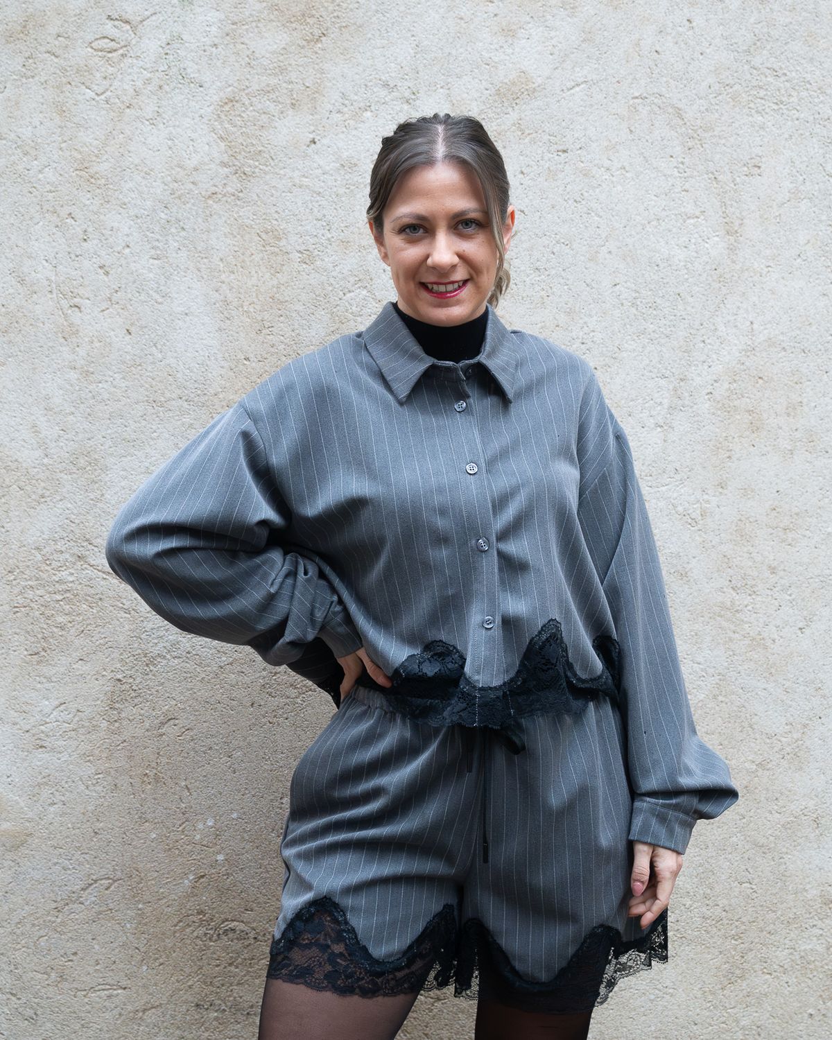 Camicia corta HaveOne grigio gessato e pizzo