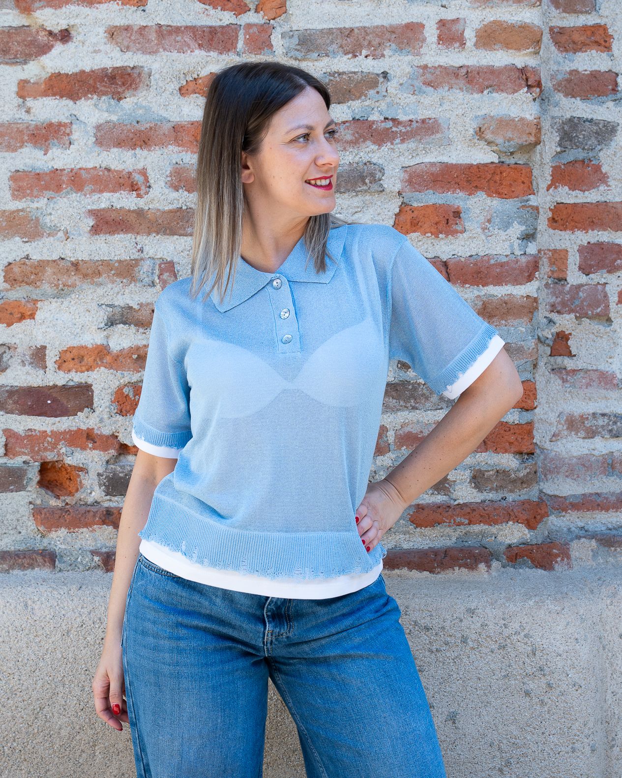 Maglia polo HaveOne in filo celeste