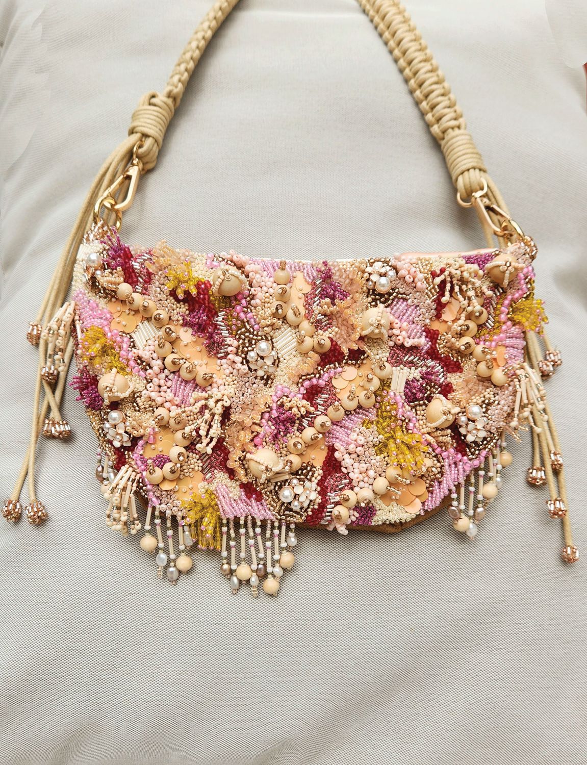 Pearls and Wood embroidered bag