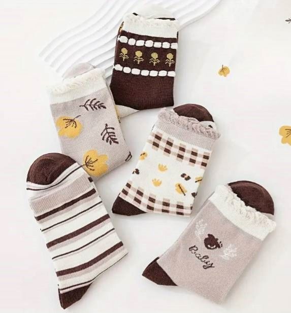 5 Pairs Floral Print Ruffle Socks, Women and Girls Socks