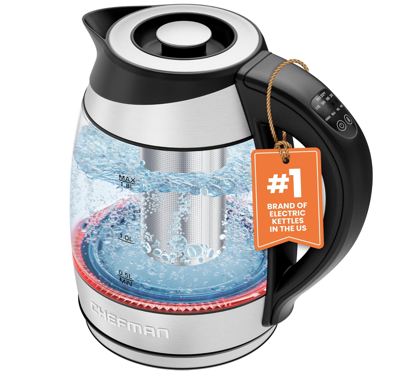 Chefman Electric Kettle with Temperature Control, 5 Presets LED Indicator Lights, Removable Tea Infuser, Glass Tea Kettle &amp; Hot Water Boiler, 360° Swivel Base, BPA Free, Stainless Steel, 1.8 Liters