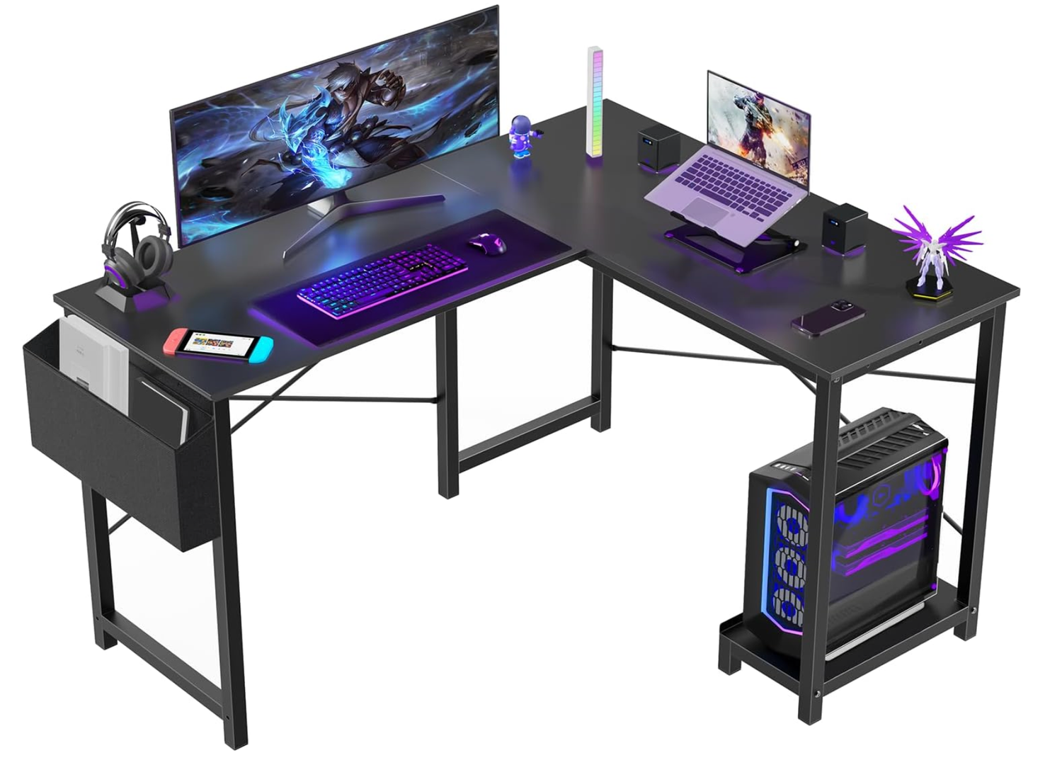 Sweetcrispy L Shaped Computer Desk - Gaming Table Corner Desk 50 Inch PC Writing Black Desk Study Desks with Wooden Desktop CPU Stand Side Bag Reversible for Home Office Dorm Small Space