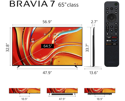 Sony BRAVIA 7 65 Inch QLED LCD TV, 4k Ultra HD with Mini LED Brightness and Contrast, Real-World Colors, Powerful Processing, Studio Calibrated Picture, Crystal Clear Picture - 65XR70