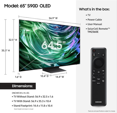 SAMSUNG 65-Inch Class OLED 4K S90D Series HDR+ Smart TV w/Dolby Atmos, Object Tracking Sound Lite, Motion Xcelerator, Real Depth Enhancer, 4K AI Upscaling, Alexa Built-in (QN65S90D, 2024 Model)