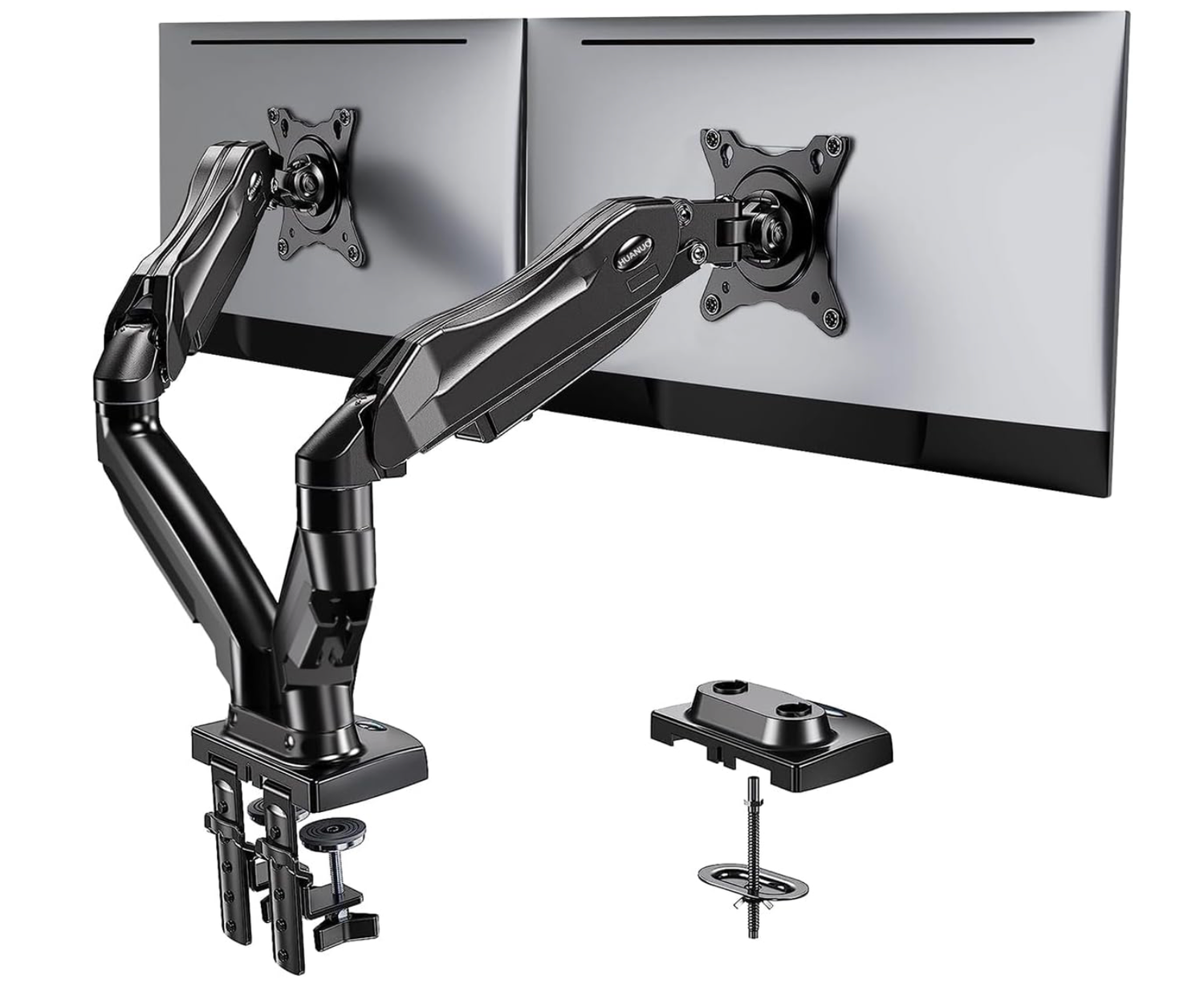 HUANUO Dual Monitor Stand - Full Adjustable Monitor Desk Mount Swivel Vesa Bracket with C Clamp, Grommet Mounting Base for 13 to 32 Inch Computer Screens - Each Arm Holds 4.4 to 19.8lbs