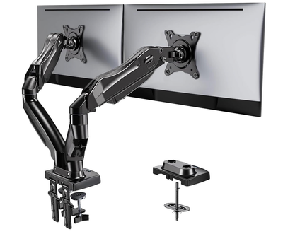 HUANUO Dual Monitor Stand - Full Adjustable Monitor Desk Mount Swivel Vesa Bracket with C Clamp, Grommet Mounting Base for 13 to 32 Inch Computer Screens - Each Arm Holds 4.4 to 19.8lbs