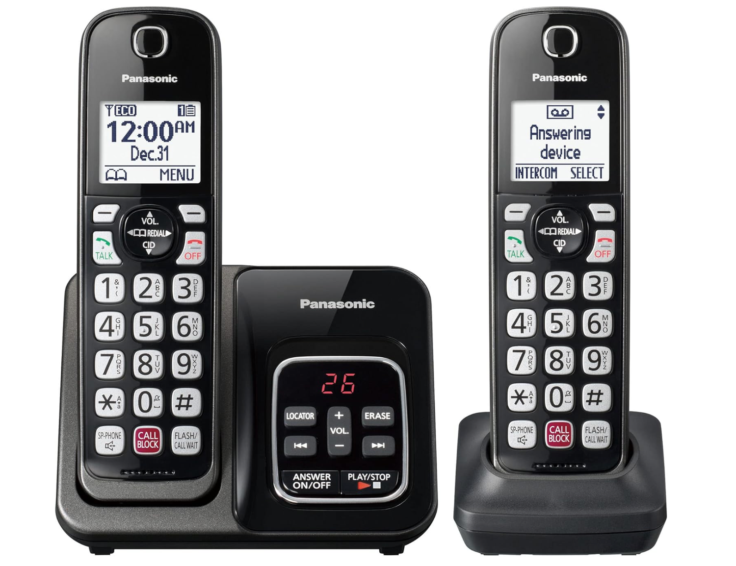 Panasonic Cordless Phone with Answering Machine, Advanced Call Block, Bilingual Caller ID and Easy to Read High-Contrast Display, Expandable System with 2 Handsets - KX-TGD832M (Metallic Black)