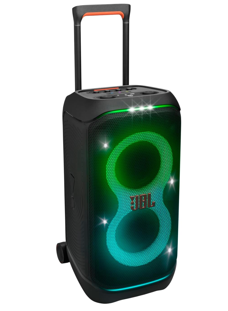 JBL PartyBox Stage 320 - Portable Party Speaker with Telescopic Handle &amp; Wide, Sturdy Wheels, Powerful JBL Pro Sound, Futuristic lightshow, Up to 18 Hours of Play time, Splash Proof (Black)