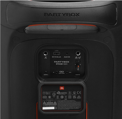 JBL PartyBox Stage 320 - Portable Party Speaker with Telescopic Handle &amp; Wide, Sturdy Wheels, Powerful JBL Pro Sound, Futuristic lightshow, Up to 18 Hours of Play time, Splash Proof (Black)