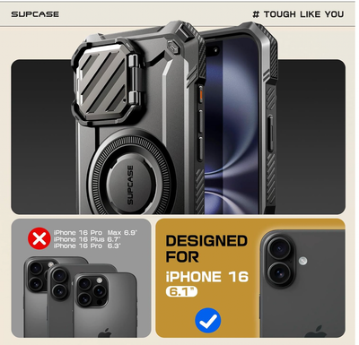 SUPCASE for iPhone 16 Case 6.1'' 2024 with Camera Cover Stand (UBMag XT), [Compatible with MagSafe] [Built-in Kickstand] [Military-Grade Protection] Heavy Duty Rugged Magnetic Phone Case, Black