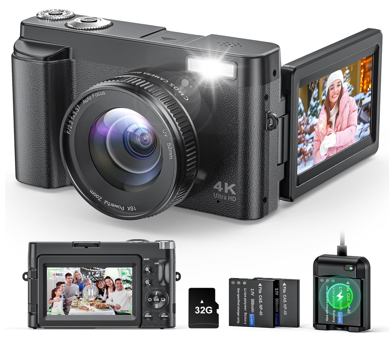 4K Digital Camera for Photography and Video, Autofocus Anti-Shake 48MP Vlogging Camera for YouTube, 3&#39;&#39; 180°Flip Screen Camera with Flash 16X Zoom, Digital Camera with 32GB Card Battery Charger Black