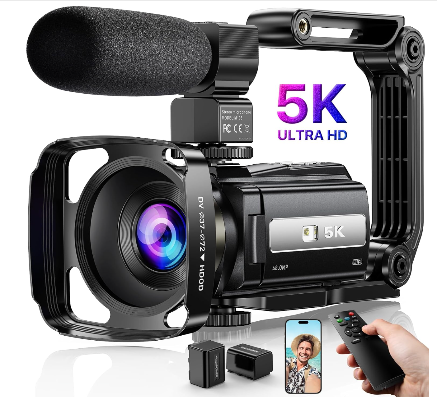 5K Video Camera Camcorder UHD 48MP WiFi Vlogging Camera for YouTube IR Night Vision Anti-Shake 16X Digital Zoom 3” Touch Screen Camera with Microphone,Handheld Stabilizer,Lens Hood,Remote,Batteries