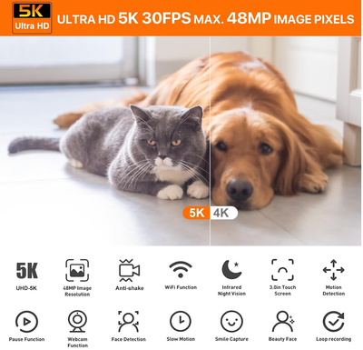 5K Video Camera Camcorder UHD 48MP WiFi Vlogging Camera for YouTube IR Night Vision Anti-Shake 16X Digital Zoom 3” Touch Screen Camera with Microphone,Handheld Stabilizer,Lens Hood,Remote,Batteries