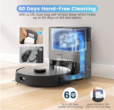 AIRROBO Robot Vacuum and Mop Combo, Self-Emptying, 60-Day Capacity, Home Mapping, Schedule, Wi-Fi/App/Alexa/Remote, 180mins Runtime, T20+ Robotic Vacuum Cleaner for Pet, Hard Floors, Carpet