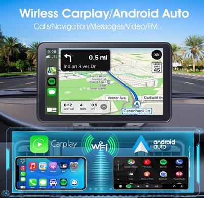 Eleacc Portable Wireless Carplay Car Stereo, 7" HD Touchscreen for Car with Apple CarPlay &amp; Android Auto with Mirror Link/Backup Camera/Siri/Bluetooth/Navigation/AUX for All Vehicles