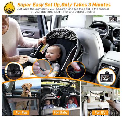 DoHonest Baby Car Camera for Backseat: HD 1080P Easy Setup Carseat Camera Rear Facing Infant - Crystal Night Vision 360° Rotating Baby Car Monitor for Kids - V33