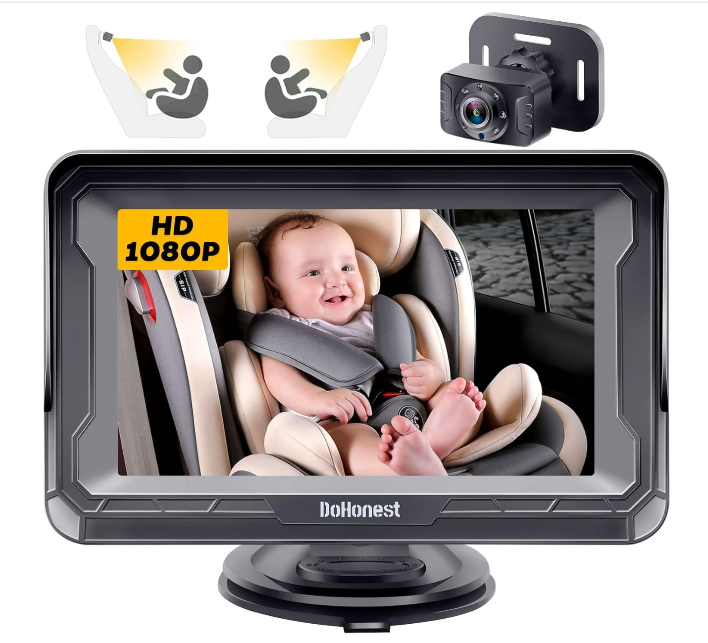 DoHonest Baby Car Camera for Backseat: HD 1080P Easy Setup Carseat Camera Rear Facing Infant - Crystal Night Vision 360° Rotating Baby Car Monitor for Kids - V33