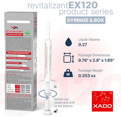 XADO EX120 Motor Oil Additive - Engine Restore - Ceramic-Metal Coating and Revitalizant - Oil Treatment for High Mileage Engines - Restores Worn Metal Parts - for Gas and LPG Vehicles (Syringe 8 ml)