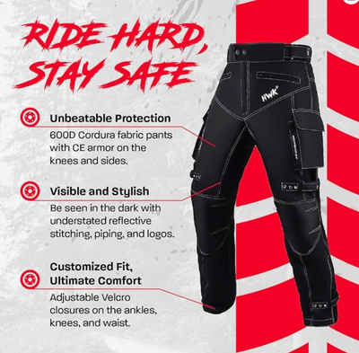 HWK Dual Sport Motorcycle Pants for Men with Water Resistant Cordura Textile Fabric &amp; Impact Protection Armor