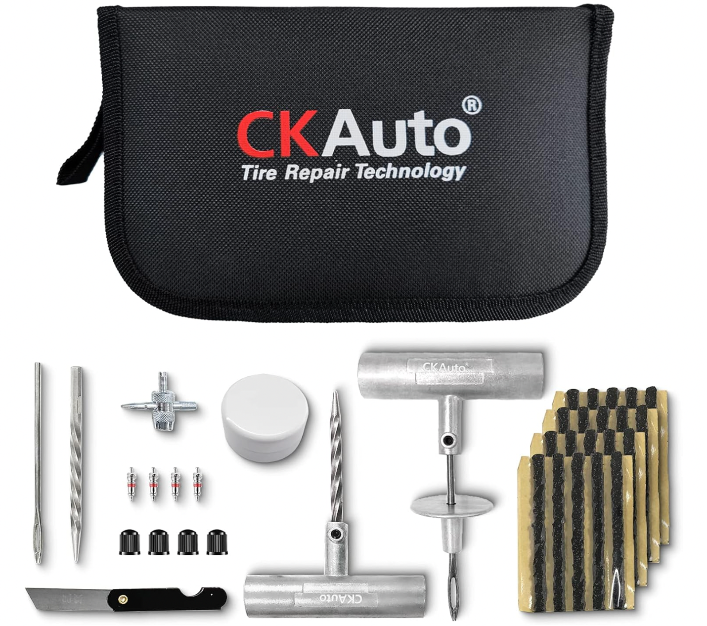 CKAuto Universal Tire Repair Kit, Heavy Duty Car Emergency Tool Kit for Flat Tire Puncture Repair, 36 Pcs Value Pack, Tire Plug Kit fit for Autos, Cars, Motorcycles, Trucks, RVs, etc.