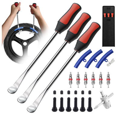 26pcs Tire Spoon Kit - Tire Changing Tool Set for Motorcycle, Dirt Bike, Lawn Tractor &amp; Bicycle. 11.5&quot; Motorcycle Tire Changer &amp; Removal Tool with 3pcs Rim Covers, 6pcs Valve Tool &amp; Valve Coress