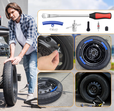 26pcs Tire Spoon Kit - Tire Changing Tool Set for Motorcycle, Dirt Bike, Lawn Tractor &amp; Bicycle. 11.5" Motorcycle Tire Changer &amp; Removal Tool with 3pcs Rim Covers, 6pcs Valve Tool &amp; Valve Coress