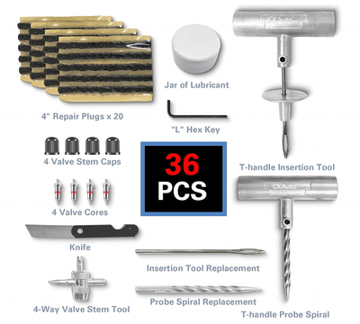 CKAuto Universal Tire Repair Kit, Heavy Duty Car Emergency Tool Kit for Flat Tire Puncture Repair, 36 Pcs Value Pack, Tire Plug Kit fit for Autos, Cars, Motorcycles, Trucks, RVs, etc.